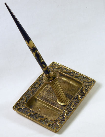 Antique Brass Pen Stand w/ Hidden Compartment